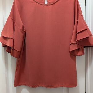 SHEIN Rust Ruffled Flutter-Sleeve Blouse